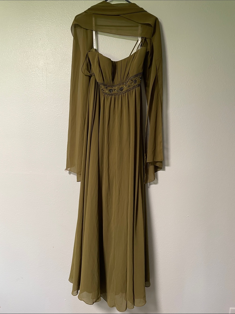 David's Bridal Olive Chiffon Dress with Beaded Waist and Shawl